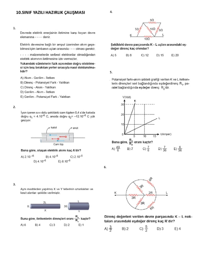 Fizik 10. sınıf yazılı çalışması